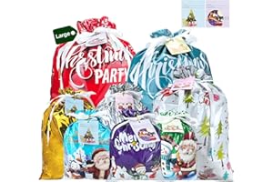 CNMTCCO Christmas Wrapping Gift Bags Large, 16Pcs Christmas Drawstring Bags with 30Pcs Tags, Large Medium Small Gift Bags, Xmas Bags for Presents for Xmas Birthday Holiday Party (Drawstring Style)