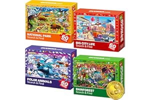 QUOKKA Jigsaw Puzzles For 3 4 Year Olds - 4x60 pc Kids Search & Find Puzzles Age 5-8 - Educational Toys For 3 4 yo For Learning Forest Polar & National Park Animals - Gift Game for Boys and Girls