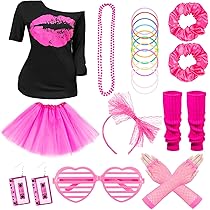 Costume Anni '80 Per Donna - Set 8 Pezzi Con T-shirt, Tut&ugrave;, Accessori Neon Per Feste A Tema
