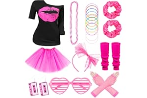 KITIMI 80s Fancy Dress for Women, 10 PCS Women's 80s Costume Accessories Set, 80s Accessories for Women Neon Costume Accessories, Lips Print T-Shirt Skirt with 80s Earrings Necklace for 80s Theme Party