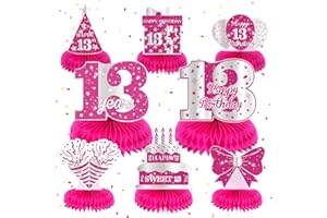 YOIRRAT 8Pcs Hot Pink 13th Birthday Decorations Honeycomb Centerpieces Girls Happy 13th Birthday Table Centerpieces 13 Year Old Birthday Table Topper Sign Pink Thirteen Birthday Party Supplies Decor