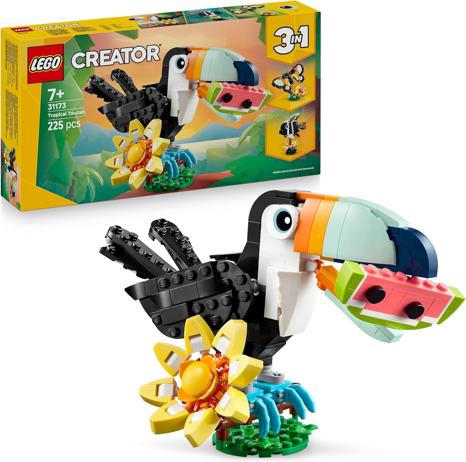 LEGO Creator 3-en-1 Animaux Sauvages : le Toucan Tropical - Oiseau avec Fleur - Jouet Animal Transformable en Figurine de Papillon ou de Poisson Tropical - Cadeau Original Fille ou Garçon 7 ans 31173