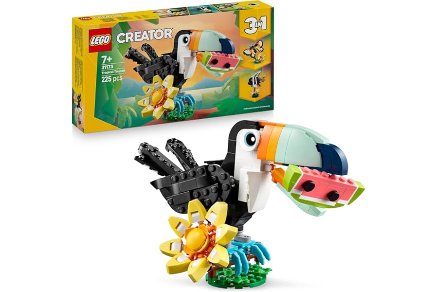 LEGO Creator 3in1 Wild Animals: Tropical Toucan with a Flower - Toy Animal Transforms into a Butterfly Figure or a Tropical Fish - Creative Gift for 7+ Year Old Girls & Boys - 31173