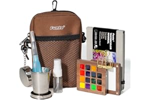Funto Mini Watercolor Paint Set, Kit Premium per viaggio in legno di noce da 15 colori tutto-in-uno, con borsa a tracolla, quaderno da disegno a colori, clip in metallo