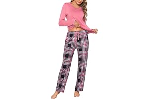 Litherday Pijama Mujer Invierno Algodón Largo Cómodo Conjunto Pijamas Mujer Cuello en V con Pantalón Cuadros Bolsillos y Cordón Talla Grande S-XXL