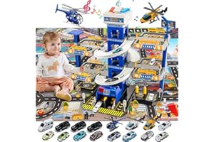 BuzzoXerex 5 Plantas Garaje Coches para Niños, Parking Molto con 14 Coches y 2 Helicóptero, Parking Juguete con Pista de Coches y Ascensor, Educativos Regalos para Niños 5 6 7 8 9 Años (Policía)