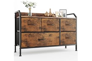 ‎CAIYUN Kommode für Schlafzimmer, Vintage Schrank Möbel mit 5 Extrabreiten Stoff Schubladen, Kommoden & Sideboards mit Holzplatte, Langer Aufbewahrungsschrank für Wohnzimmer, Flur, Closet - Rustikales Braun
