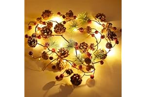 DEYAAH Christmas Pine Cone String Lights,6.5 FT Red Berries Pinecone Christmas Garland,20 LED Battery Operated Fairy Lights for Mantle Fireplace Door Home Christmas Holiday Party Indoor Outdoor Decor