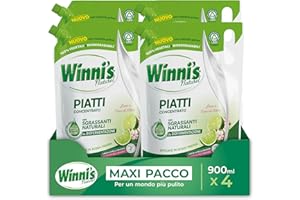 Winni's - Detersivo Piatti e Stoviglie a Mano, Lime e Fiori di Mela, Concentrato, Ipoallergenico, con Sgrassanti Naturali da Biofermentazione, Materie Prime di Origine Vegetale, 900 ml x 4 confezioni