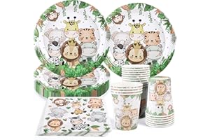 CANCJ 50 Teile Dschungel Tiere Partygeschirr Set,Einweggeschirr Set für 10 Gäste Papier Teller Tassen Servietten Kindergeburtstag Wild One Geburtstag Deko Partyzubehör Babyparty Junge Mädchen Set