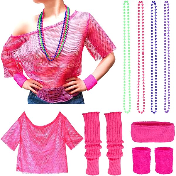 Tenue Années 80 Pour Femme - Haut Résille Vert Fluo Avec Accessoires (bandeau, Gants, Collier, Boucles D'oreilles)