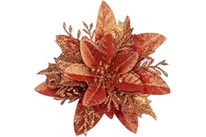 YYCRAFT 12 flores de Pascua con purpurina de 6 pulgadas para adornos de árbol de Navidad, decoración de Navidad, color naranja