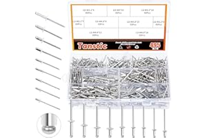 Tanstic 495 Stück 9 Größen Aluminium Nieten Sortimentskit, M3.2 M4 M4.8 Blindnieten, Popnieten mit Aufbewahrungsbox (Silber)