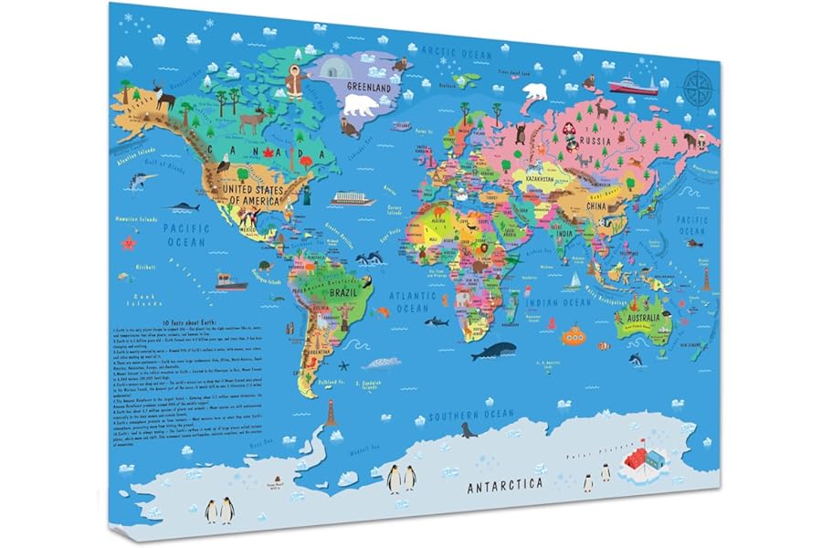 Children’s World Map Poster for Wall – Large A1 Illustrated World Map for Kids Globe Atlas Wallchart