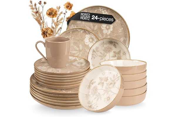 Moritz & Moritz MARIELLA stengods servisset 6 personer 24 delar – Modern middagsservis i beige med lekfullt design, lättskött kaffeservis med tallriksset, skålar och koppar – kombiservis