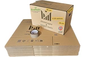 DRESSING MALIN Lot de 20 Cartons de Déménagement 50x30x30 cm avec Poignées Renforcées, Double Épaisseur, Adhésif 68 m