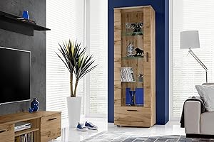 Komodee, Vetrina Armadio Alessandria, Wotan/Wotan, Larghezza 60 cm x Altezza 192 cm x Profondità 42 cm, Senza LED, 3 Ripiani in Vetro, Per Soggiorno, Camera Da Letto, Ingresso