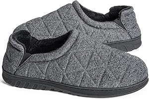 Snug Leaves Men's Quilted Fleece Memory Foam Slippers Breathable Comfy House Shoes with Adjustable Elastic Gores
