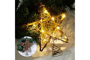 LAWOHO Decoraciones para árboles de Navidad, 10 Pulgadas, Ratán Natural rústico con 10 Luces Blancas cálidas (3 Funciones con Temporizador), Decoración Festiva para árboles de Navidad