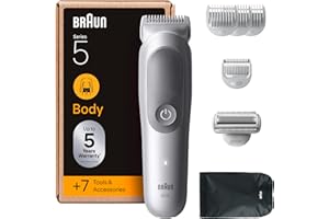 Braun Tondeuse Electrique Pour Le Corps Pour Hommes Series 5 BG5555 Gris, etanche, Coffret Avec +7 Outils De Rasage, Lame SkinGuard, Douce Pour Zones Sensibles, Kit De 4 Sabots, Brosse De Nettoyage