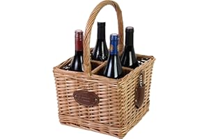 Les Jardins de la Comtesse - Panier Porte-Bouteille en Osier Naturel - Boisson/Vin/Champagne/Eau/Soda - 4 Compartiments - Accessoire Pique Nique - Vendu avec Tire-Bouchon 25 x 25 x 40 cm