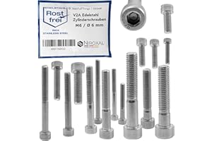 NIROXAL Śruba z łbem cylindrycznym ze stali nierdzewnej V2A M6 (= 6 mm) 20 mm długość śruby 25 sztuk 20 mm pełny gwint sześciokątny śruba cylindra M6 x 20