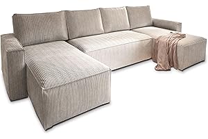 Masseno Ecksofa ASPRA mit Schlaffunktion U-Form, Sofa mit Bettkasten, Wohnzimmersofa, Couch, Soffa, Bettsofa, Couchgarnitur- Creme, POSO 100