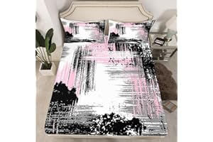 MANFEI Abstract Fitted Sheet King Size, Modern Abstract Art Bed Cover with 2 Pillowcases, Pink Black Grey Grunge Style Bedding Set 3pcs for Kids Children Girl, Soft Polyester Bedding