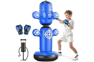 QPAU Sac de frappe rotatif à 360° pour enfants, grand sac de boxe de 162,6 cm avec gants, pompe à main et 6 cibles, sac de frappe gonflable, cadeau de karaté pour garçons et filles (bleu)