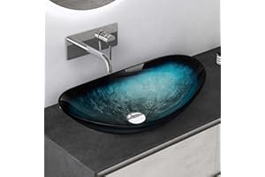 MAIMAI Mai & Mai Lavabo Blu in Vetro, Lavabo da Appoggio 53,5x35,5x16cm, Lavandino Bagno da Appoggio in Vetro Temperato Ovale Minerva08