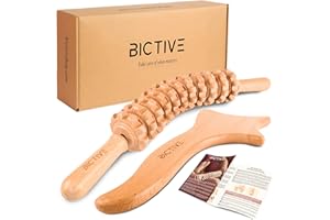 BICTIVE® Kit Maderotherapie Professionnelle de Rouleau Courbé et Spatule de Drainage Lymphatique. Masseur Anti Cellulite Gua Sha Corps Palper Rouler Massage Bois Kit Maderotherapie Complet