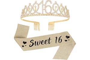 SUSSURRO "Sweet 16 Sash and Rhinestone Tiara Set,16th Birthday Gifts Birthday Sash for Women Birthday Party Supplies( Gold)