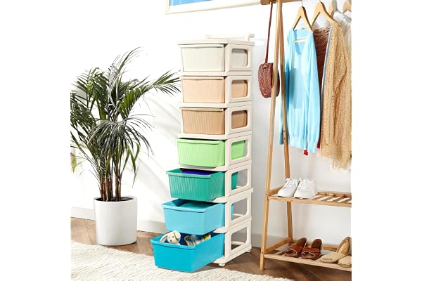 Kuber Industries 7 Layer Plastic Modular Storage Drawer Organizer with Wheels Chest of Drawer Storage Box for Living Room, Office, School and Home Toys Organiser for Kids Room Multicolor