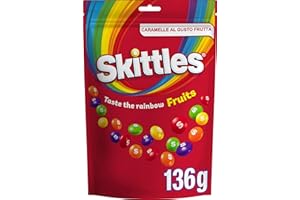 Skittles Fruits, Caramelle Americane Rotonde Colorate a tutti i Gusti della Frutta, 15 confezioni da 136 g ognuna, Nuova versione
