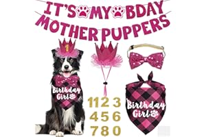 JOTFA Multi Sizes Dog Birthday Bandana, Hat, Bow Tie & Numbers - 'It's My Bday Mother Puppers' Sign Banner for Medium Large Dogs (Pink, Large)
