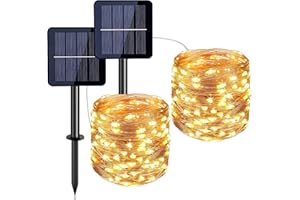 Probuk 2 PCS Catena Luminosa Esterno Solare,12m 100LEDs Bianco Caldo Stringa Fata Luci con 8 Modalità,IP65 Impermeabile Illuminazion Filo di Rame Lucine Decorative para Patio,Natale,Matrimonio,Festa