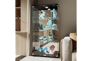 BRILVERDE Vetrina con ripiani in vetro, Con Luci LED, Doppia Anta con Serratura, Mobile Vetrina per Collezioni, Libri, Vini, Ufficio e Soggiorno (4 Nero Specchio LED, 164 x 80,5 x 36,5 cm)