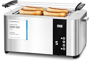 ‎LEBENLANG LEBENLANG Langschlitz Toaster 4 Scheiben mit Brötchenaufsatz - Touchscreen LED Display & 7 Stufen I 1400W 4er Langschlitztoaster Edelstahl Gebürstet I Smart Touch Toster für große Toastscheiben xxl