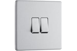 BRITISH GENERAL BG Electrical Double Wall Light Switch, 2 Way, Screwless Front Plate, Slim Profile, Premium Flatplate, Brushed Steel, 20A, 16AX, FBS42