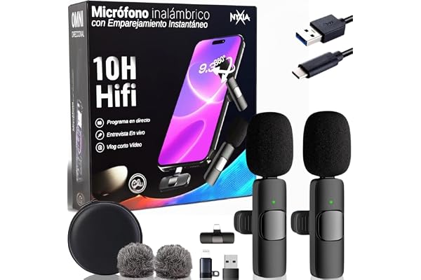 Nyxia® 2 Pack Microfono Inalambrico | Micrófono Solapa Wireless | Plug&Play, para iPhone Android iPad PC | Reducción de Ruido | Sonido Profesional | Movil Streaming Youtube TikTok Instagram Podcast