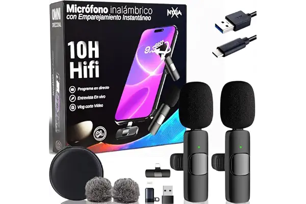 Nyxia® 2 Pack Microfono Inalambrico | Micrófono Solapa Wireless | Plug&Play, para iPhone Android iPad PC | Reducción de Ruido | Sonido Profesional | Movil Streaming Youtube TikTok Instagram Podcast