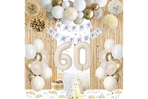 VICTERR 60th Birthday Decoration for Women, Boho Sand White Balloon 60th Birthday Party Decorations, Happy Birthday Banner Decorations, Number 60 Balloons for Women Birthday Party Decorations