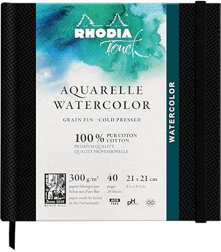 RHODIA TOUCH 116153C Watercolour Notebook 100% Cotton Double Accordion Fine Grain, 300 g/m², A5, Portrait, 32 Pages, Elastic Closure, Hardbook Watercolor Book