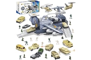 BODERAM Military Vehicle Combat Toy with Soldier Helicopter,Military Transport Cargo Airplane Cars Toy,Aircraft Model Toys with Army Men Action Figures,Mini Fighting Vehicle for Kids Boys Girls Age 3+