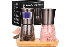 Premium salt- och pepparkvarnset med bambuhållare - 142 g, svart brons rostfritt stål - Påfyllningsbar och justerbar grovleks