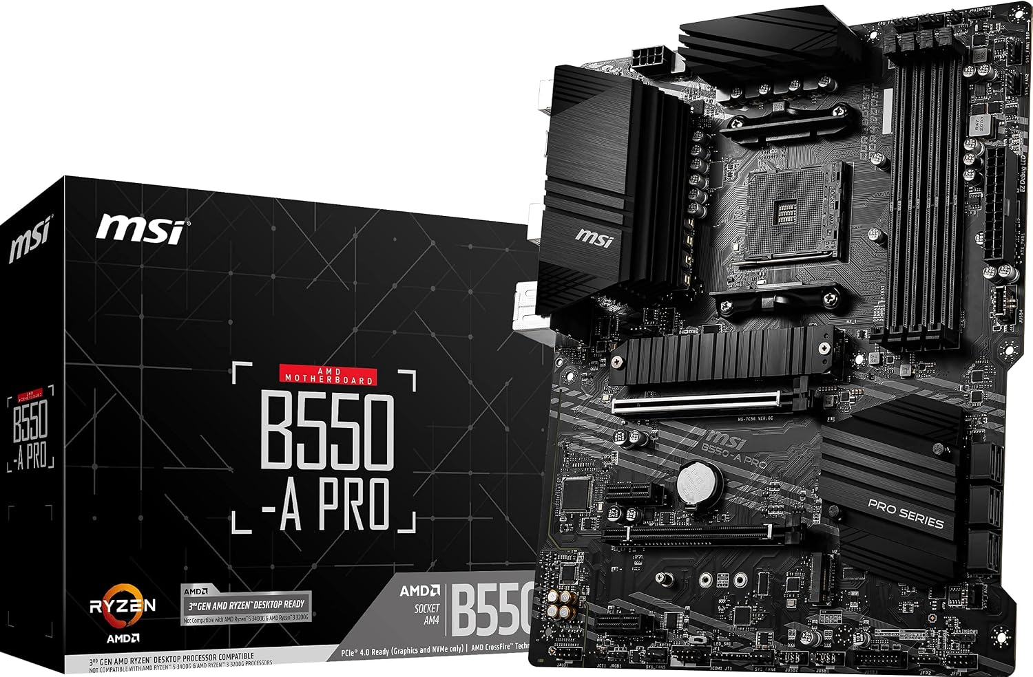 MSI B550-A PRO Motherboard ATX - Supports AMD Ryzen 3rd Gen Processors, AM4, DDR4 Boost (4400MHz/OC), 1 x PCIe 4.0/3.0 x16, 1 x PCIe 3.0/3.0 x16, 1 x M.2 Gen4 x4, 1 x M.2 Gen3 x4, HDMI, Gigabit LAN