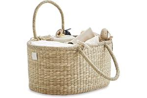 BEBE BASK Baby Diaper Caddy Organizer - Boho Style - Handmade Organic Seagrass Basket - Cute Diaper Caddy for Baby Girl & Boy - Nursery Basket