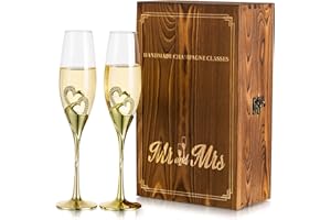 Inweder Flute Champagne Verre Cadeau Mariage Lot de 2 Doré Coupe Champagne avec Coffret Cadeau en Bois Gravé Flûtes à Champagne Anniversaire Demoiselle Honneur Fiançailles Cadeaux pour Couple