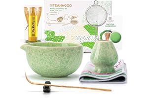TEANAGOO Set di fruste Matcha, 7 pezzi, verde, kit per cerimonia matcha, set da tè matcha per fare latte, ciotola in ceramica (chawan) con beccuccio e frusta, regalo per gli amanti del matcha