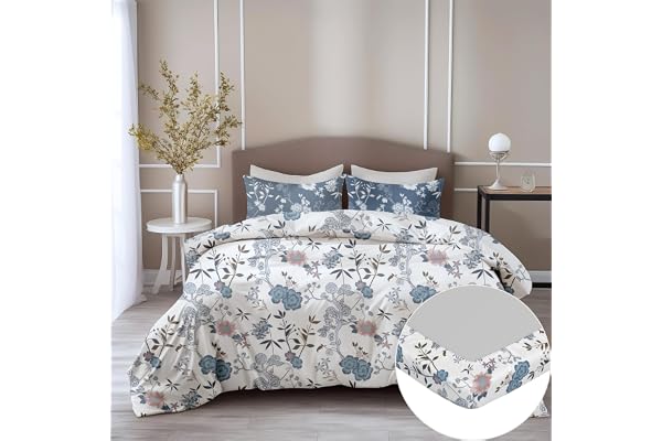 LORETO - A QUALITY LINEN BRAND 100% Cotton Elastic Fitted Bedsheets King Size Bed with 2 Pillow Cover All Around Elastic Fitted Bed Sheet for King Size Mattress - 78 x 72 Inch, Blue & Blush Garden